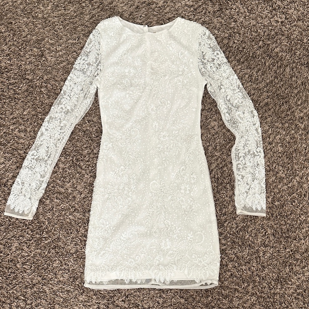 Altar'd State Ivory Lace Long Sleeve Sheer-Sleeve Cocktail Dress